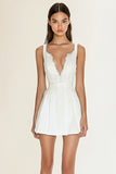 White A Line V-Neck Satin Graduation Dress with Lace
