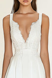 White A Line V-Neck Satin Graduation Dress with Lace