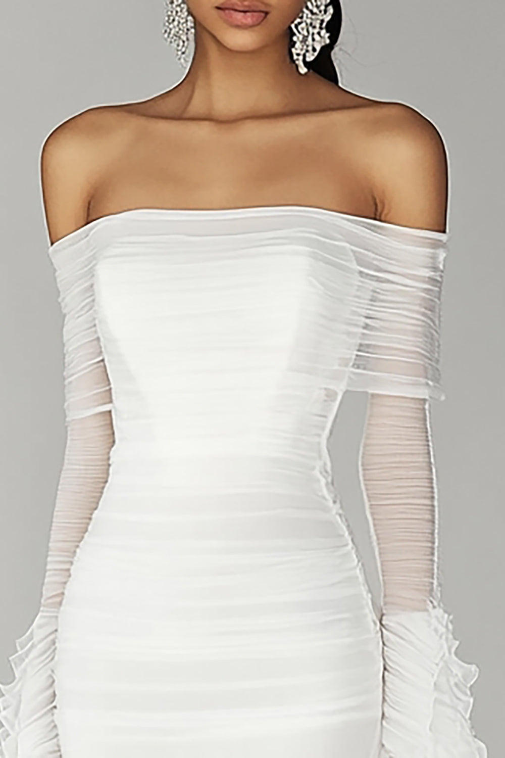 White Off The Shoulder Chiffon Graduation Dress with Long Sleeves