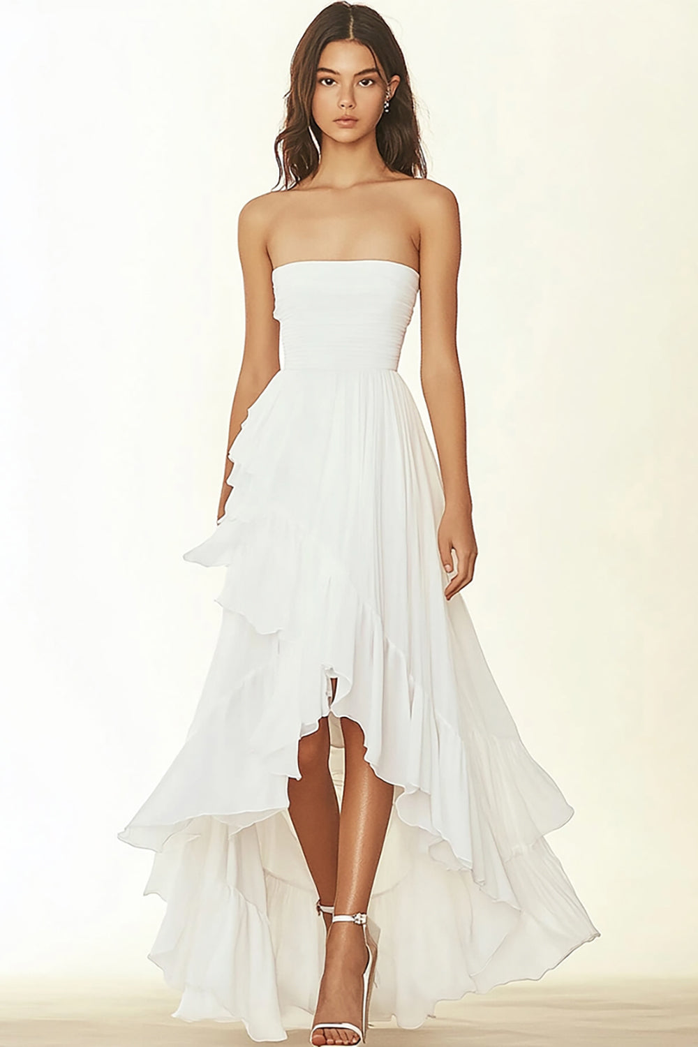 White Strapless Ruffled Graduation Dress