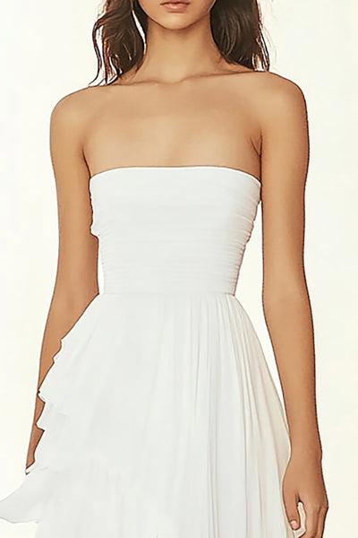 Zapaka Women White Graduation Dress Strapless Ruffled Chiffon