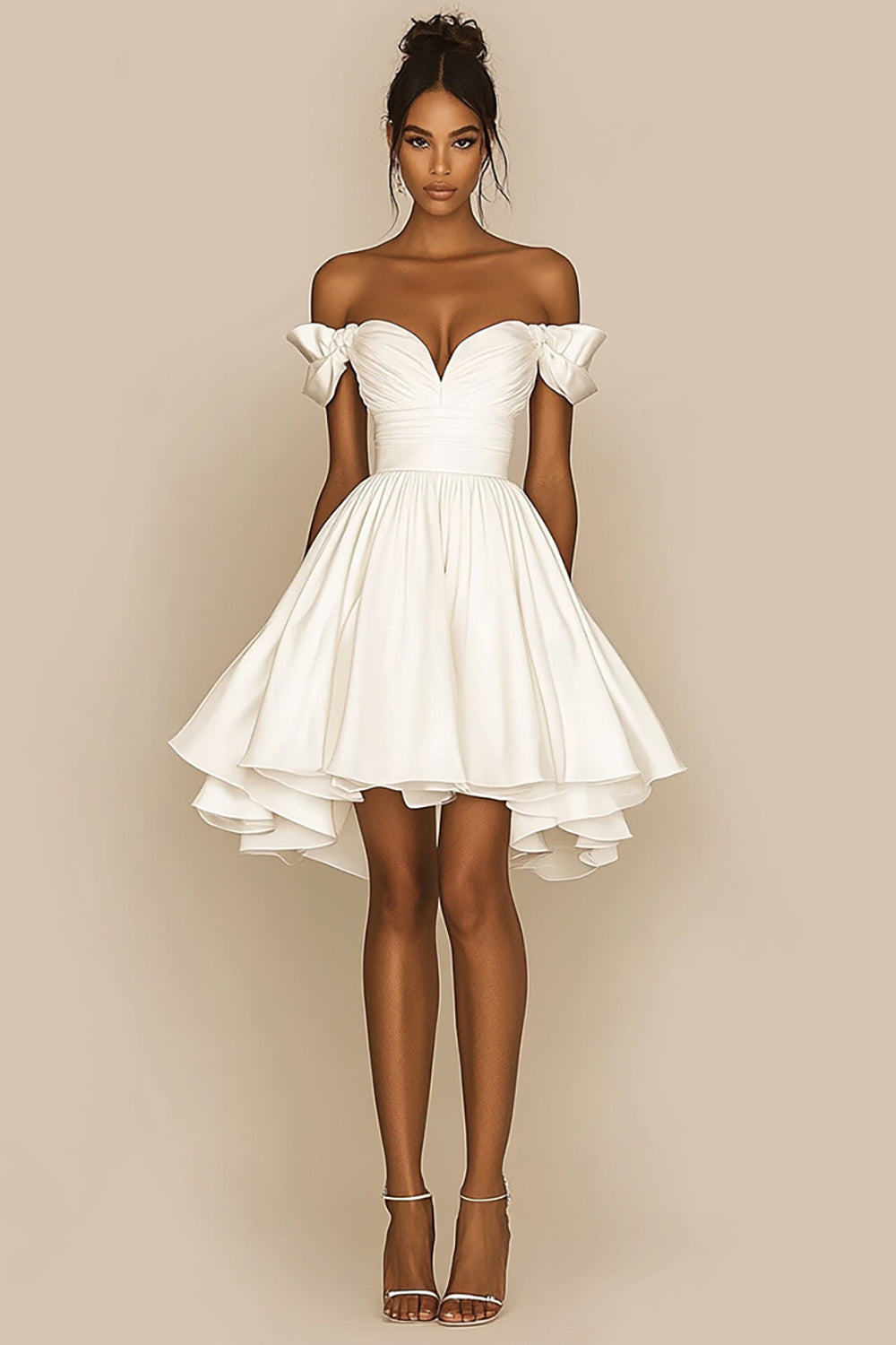 White A Line Off The Shoulder Satin Ruffled Graduation Dress