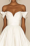 White A Line Off The Shoulder Satin Ruffled Graduation Dress