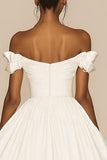 White A Line Off The Shoulder Satin Ruffled Graduation Dress