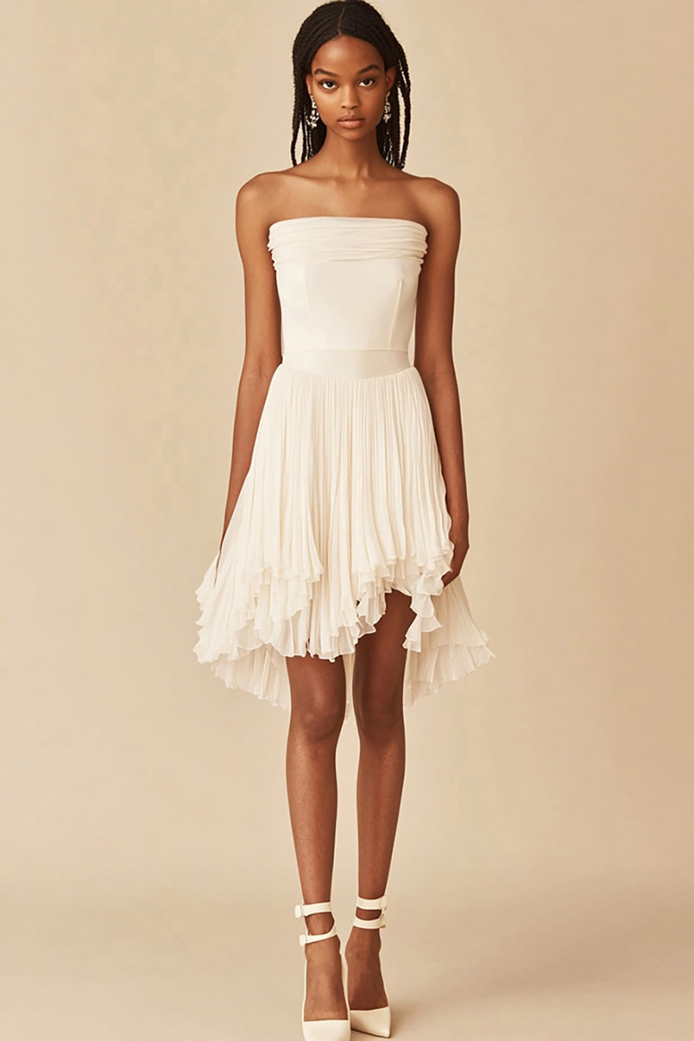 White Strapless A Line Graduation Dress with Ruffles