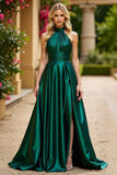 Halter Satin A Line Ruched Dark Green Prom Dress with Slit
