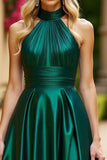 Halter Satin A Line Ruched Dark Green Prom Dress with Slit