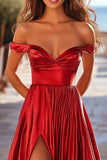 Off the Shoulder A Line Pleated Red Satin Prom Dress with Slit