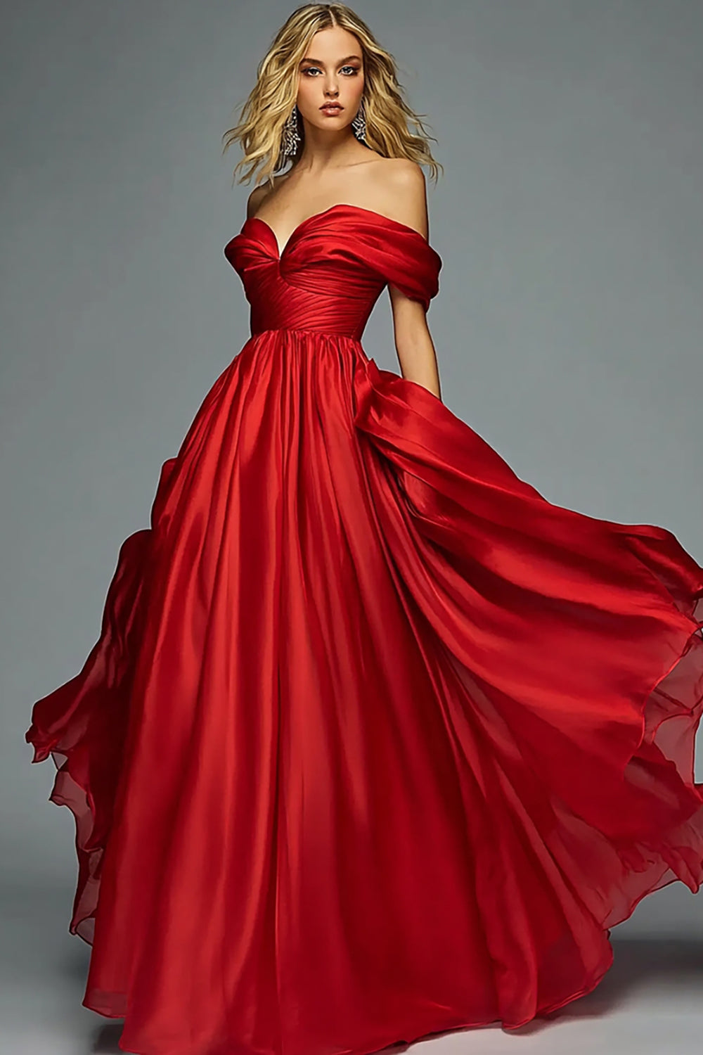 Red Off The Shoulder A Line Pleated Prom Dress