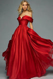 Red Off The Shoulder A Line Pleated Prom Dress