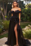Black Off The Shoulder A Line Ruffles Prom Dress