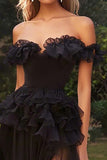 Black Off The Shoulder A Line Ruffles Prom Dress
