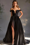Black Off The Shoulder A Line Prom Dress with Slit
