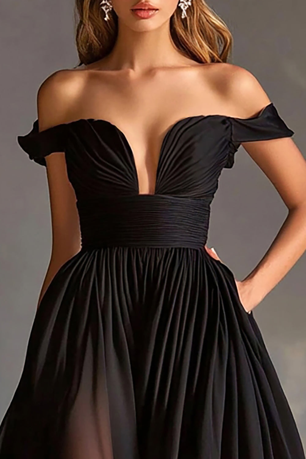 Black Off The Shoulder A Line Prom Dress with Slit