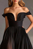 Black Off The Shoulder A Line Prom Dress with Slit