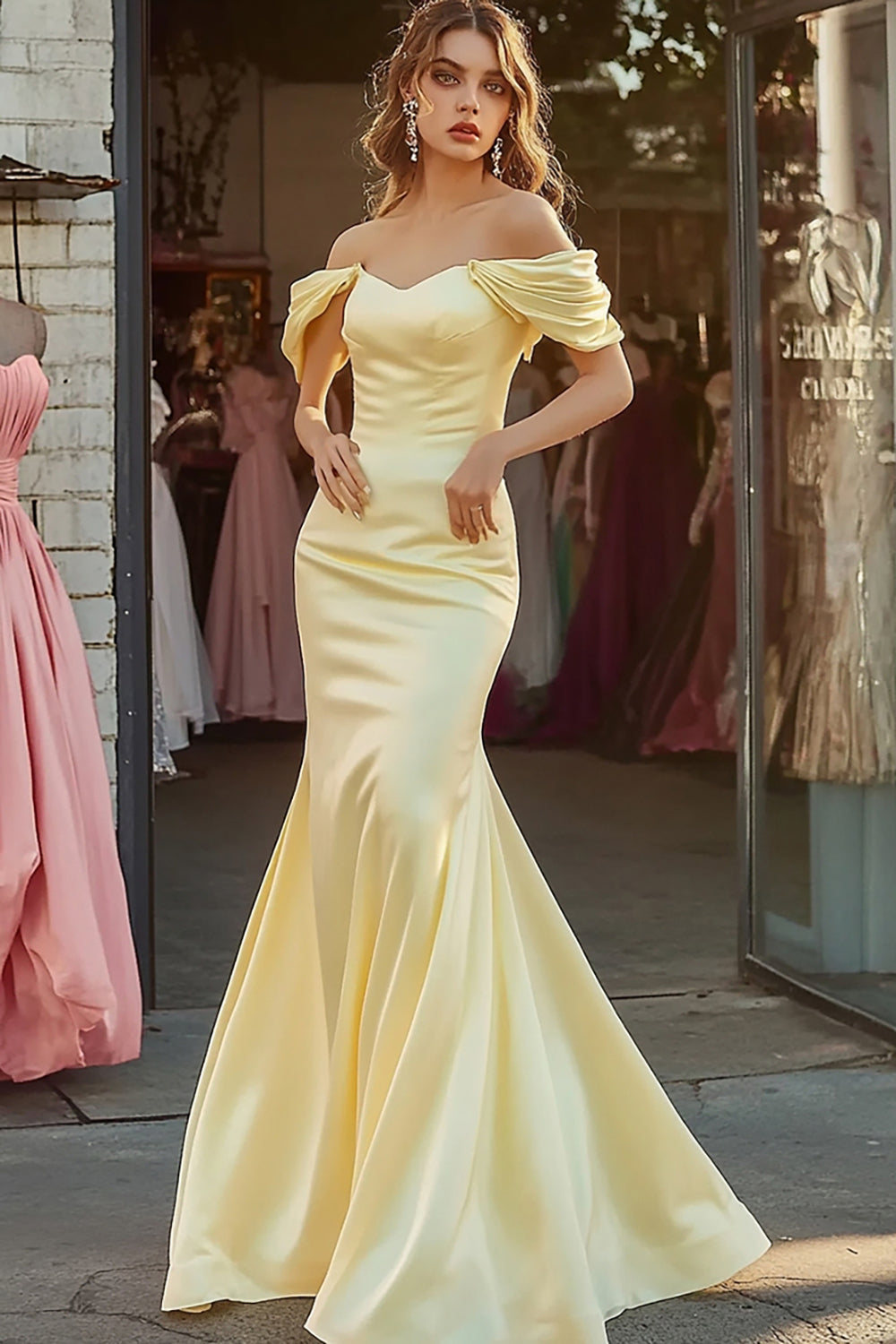 Daffodil Off The Shoulder Mermaid Satin Prom Dress