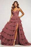Desert Rose A Line Tulle Long Prom Dress with Ruffles