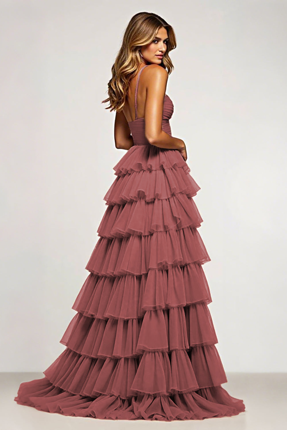 Desert Rose A Line Tulle Long Prom Dress with Ruffles