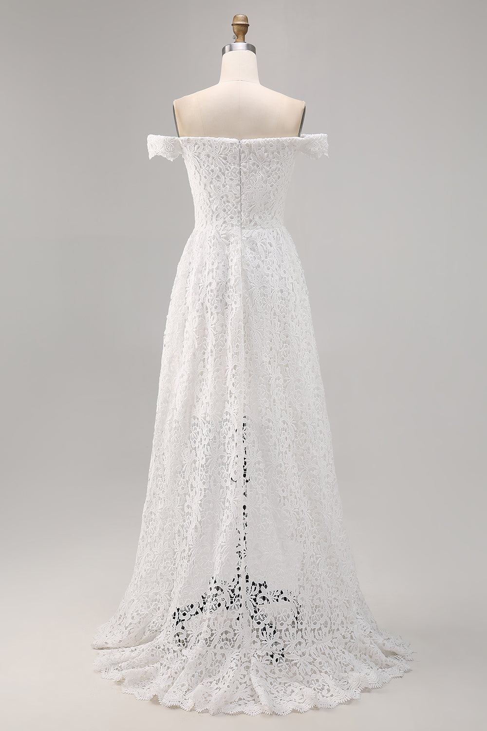 White Off the Shoulder Lace High-Low Boho Wedding Dress