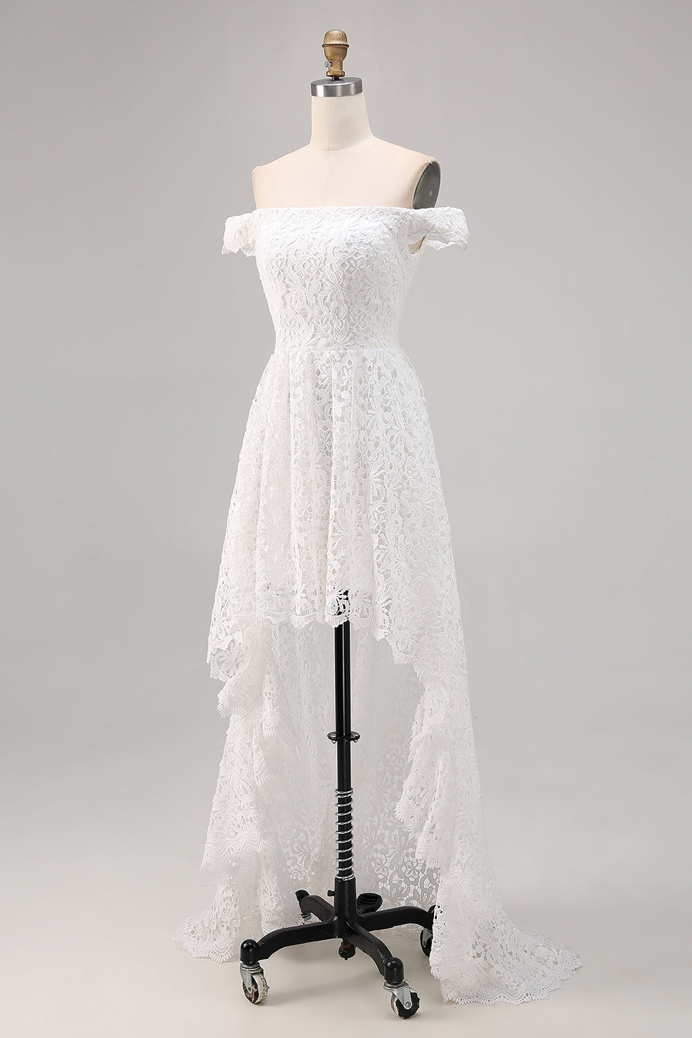 White Off the Shoulder Lace High-Low Boho Wedding Dress