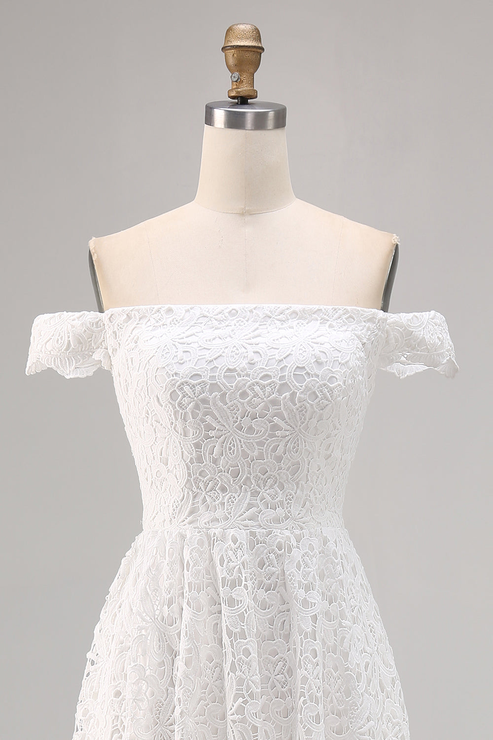 White Off the Shoulder Lace High-Low Boho Wedding Dress