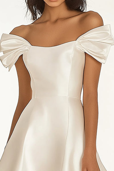 Zapaka Women Ivory Satin Graduation Dress Off The Shoulder A Line Little White Dresses, Ivory / US24W