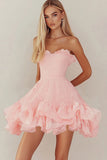 Strapless Pink Lace Short Graduation Dress with Ruffles