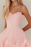 Strapless Pink Lace Short Graduation Dress with Ruffles