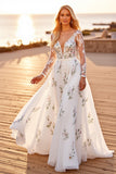 Appliqued A Line White Wedding Dress with Long Sleeves