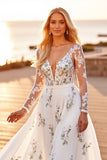 Appliqued A Line White Wedding Dress with Long Sleeves