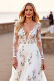 Appliqued A Line White Wedding Dress with Long Sleeves