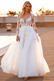 White Appliqued A Line Wedding Dress with Long Sleeves