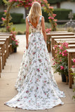 White V Neck A Line Sweep Train Floral Wedding Dress