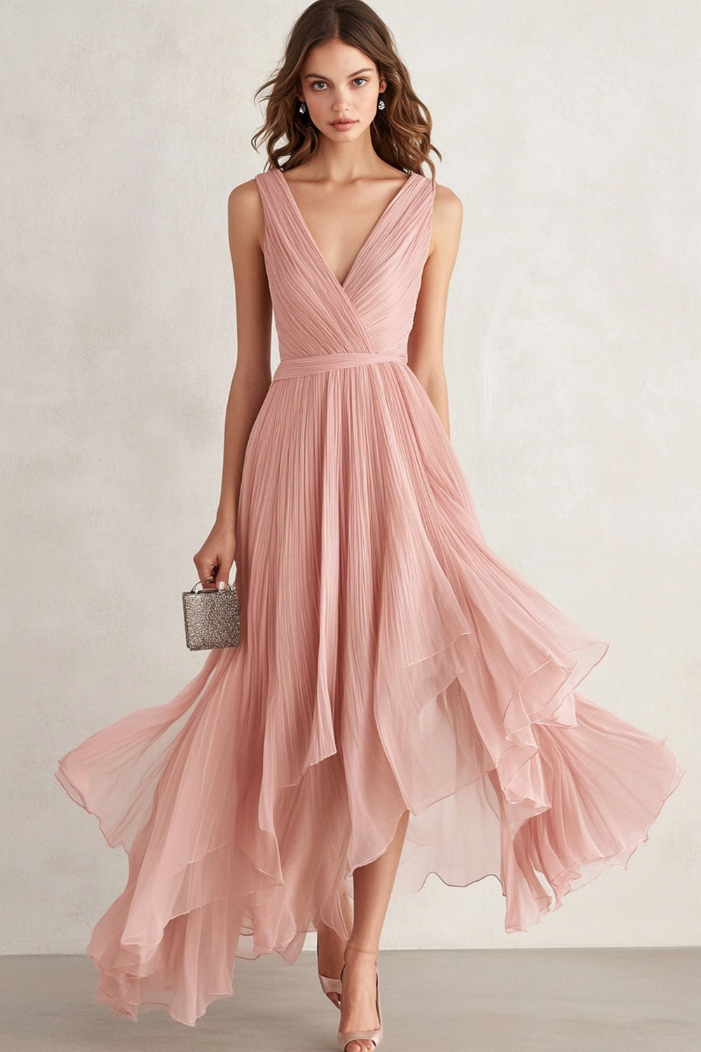 Blush V-Neck Asymmetrical Prom Dress with Pleats