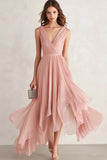 Blush V-Neck Asymmetrical Prom Dress with Pleats