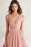 Blush V-Neck Asymmetrical Prom Dress with Pleats