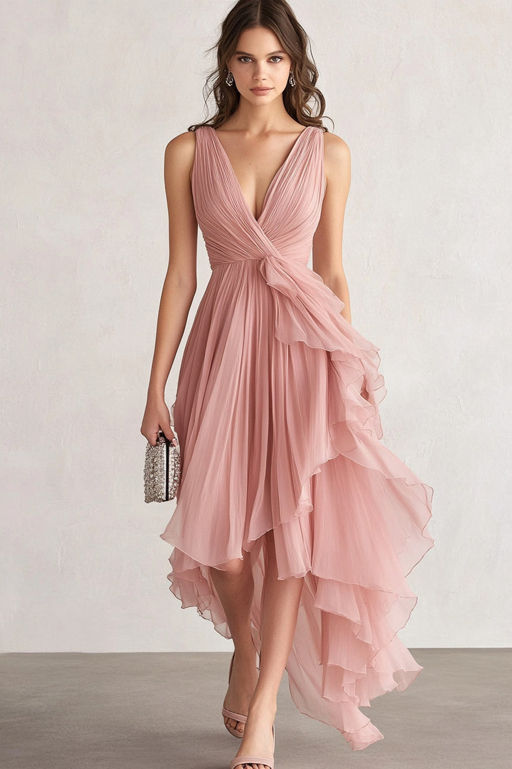V-Neck Blush Asymmetrical Prom Dress with Ruffles