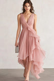 V-Neck Blush Asymmetrical Prom Dress with Ruffles