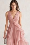 V-Neck Blush Asymmetrical Prom Dress with Ruffles