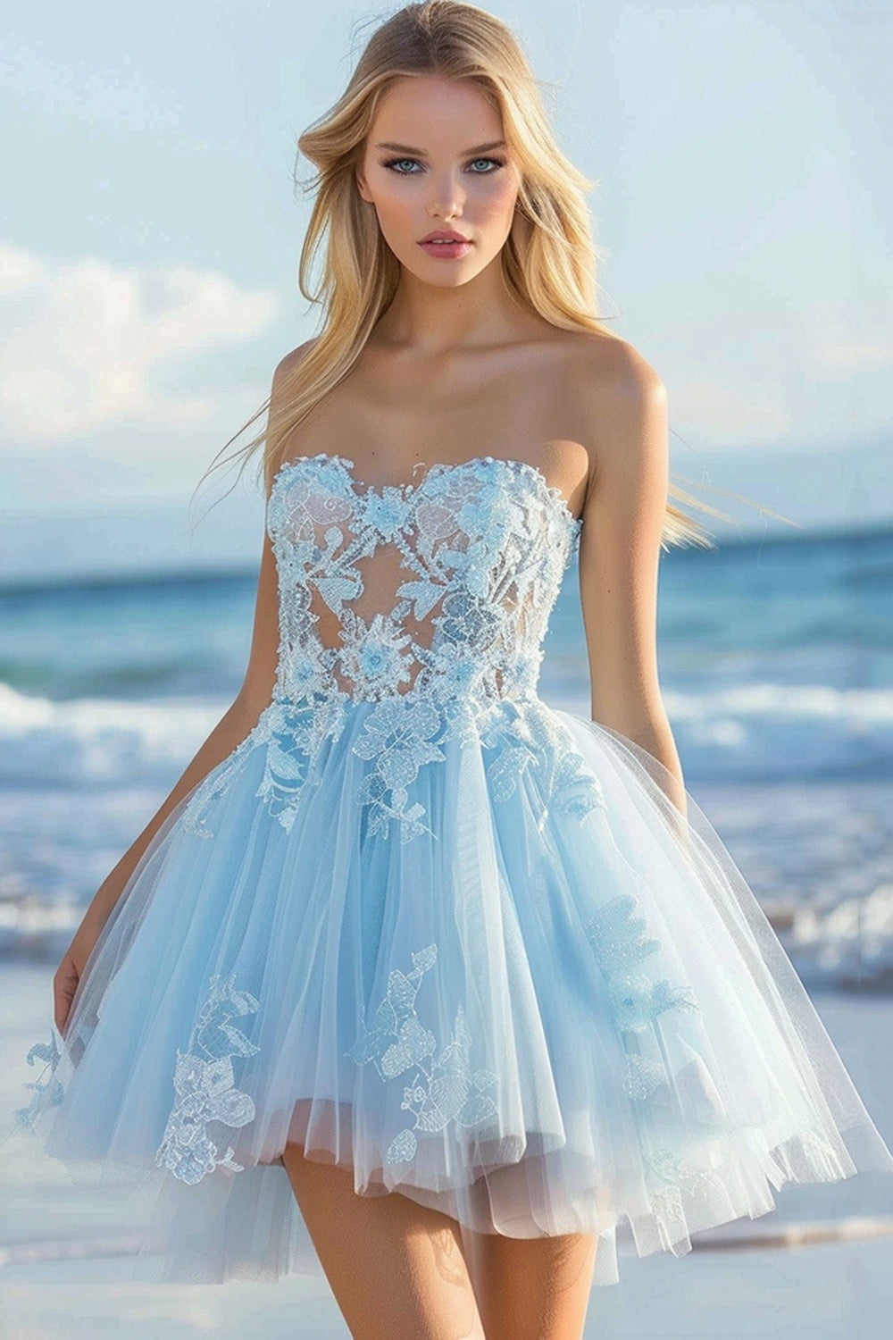 Strapless Tulle Sky Blue Homecoming Dress with Appliques