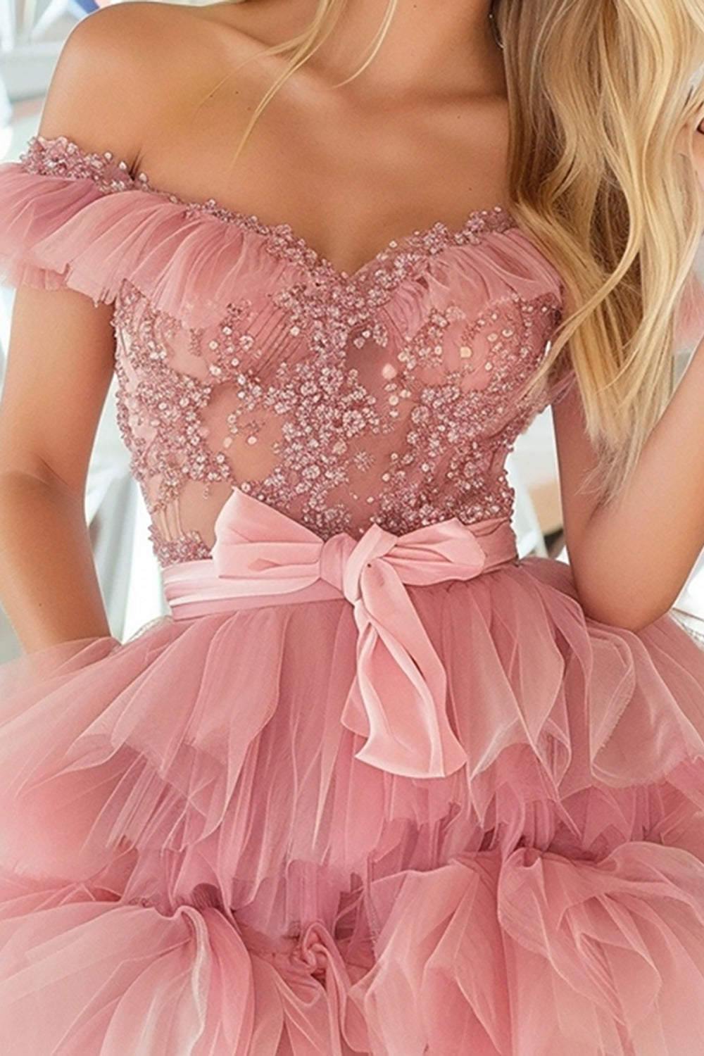 Blush Off The Shoulder A Line Homecoming Dress with Beading