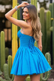 Blue Strapless Ruched A Line Homecoming Dress