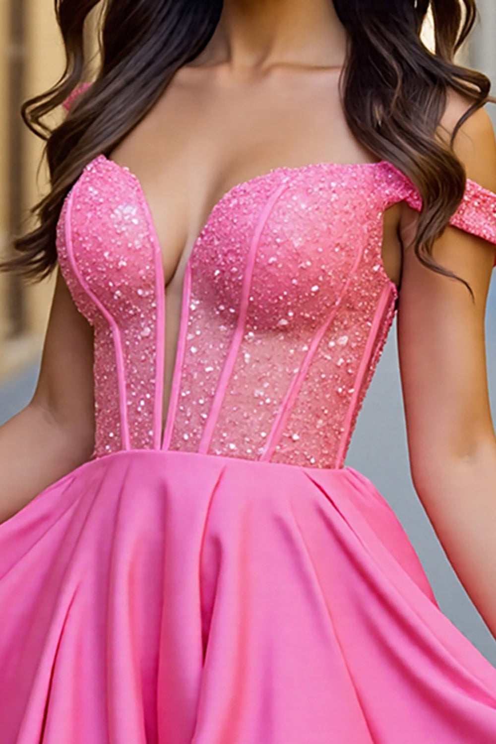 Fuchsia Cold Shoulder Corset Sequin Homecoming Dress