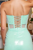 Sparkly Light Green Satin Corset Strapless Bodycon Short Homecoming Dress with Beading