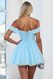 Light Blue Tulle A Line Off the Shoulder Short Homecoming Dress