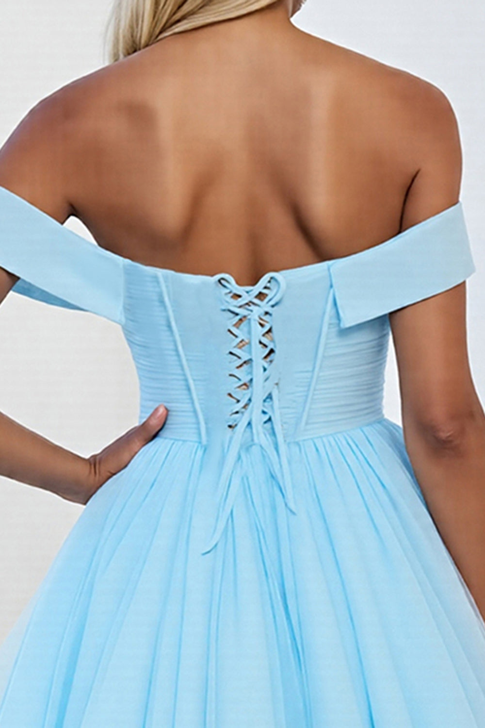 Light Blue Tulle A Line Off the Shoulder Short Homecoming Dress