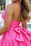 Fuchsia A Line Halter Ruched Short Homecoming Dress with Bow