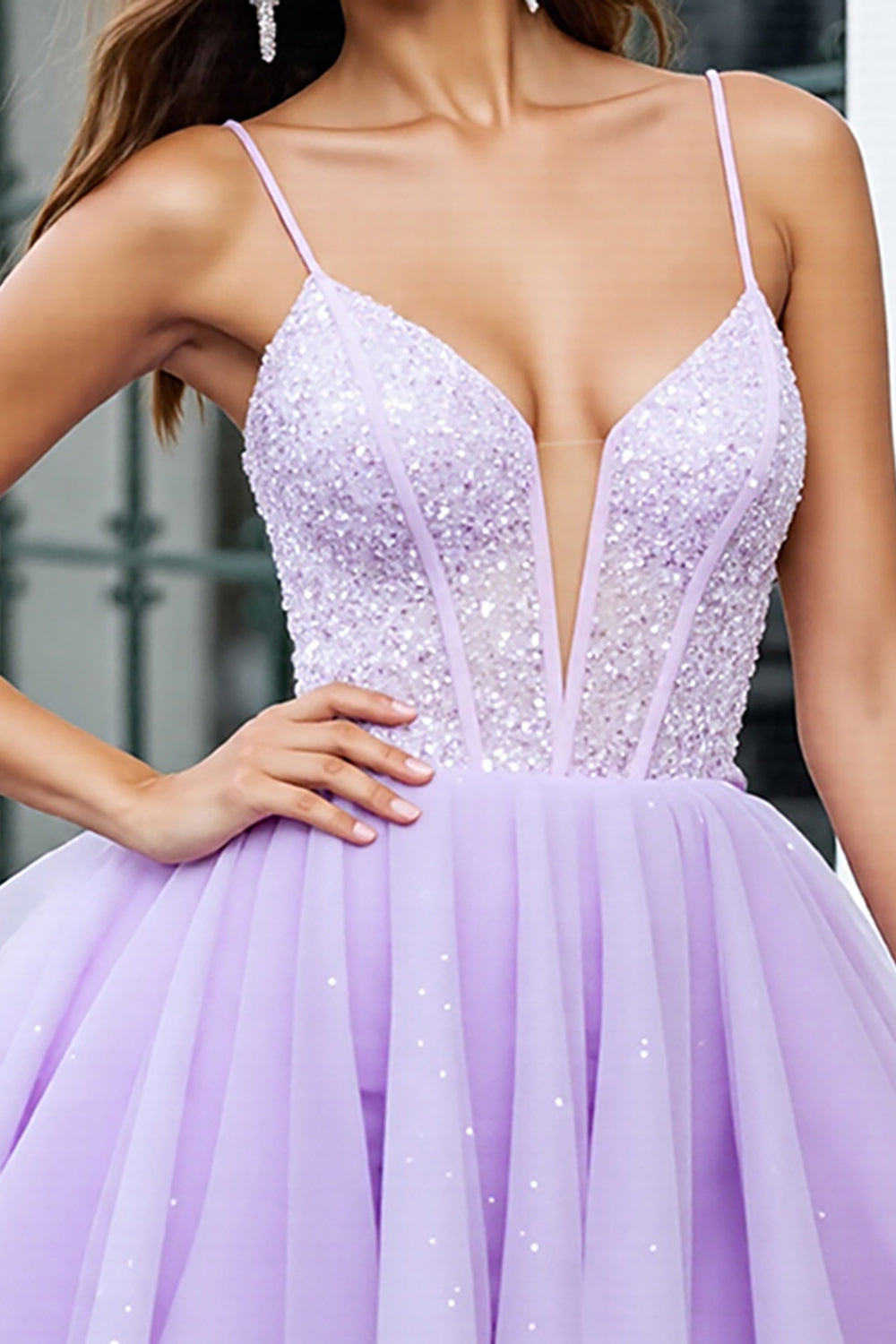 Sparkly Lilac Tulle Corset A Line Spaghetti Straps Short Homecoming Dress with Beading