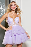 Sparkly Lilac Tulle Corset A Line Tiered Short Homecoming Dress with Beading