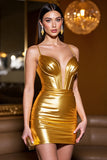 Golden Satin Corset Bodycon Spaghetti Straps Short Homecoming Dress